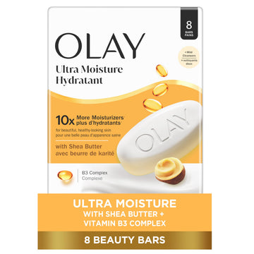 Olay front packaging showing eight ultra moisture beauty bars benefits hydration