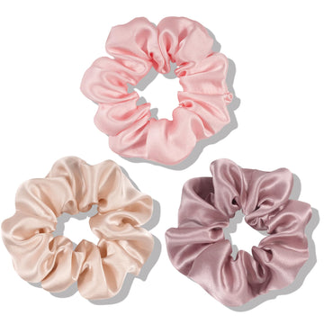 OLESILK scrunchie front packaging showing three silk hair ties and benefits