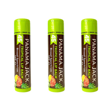 Panama Jack front packaging showing SPF 45 protection and flavors