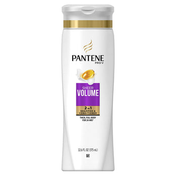 Pantene bottle front view showing sheer volume label and benefits