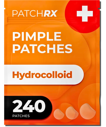 PatchRx front packaging showing 240 acne patches and clear contents benefit convenience