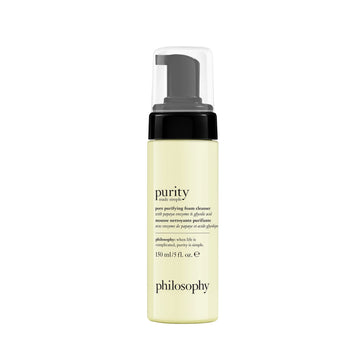philosophy purity made simple front bottle showing label and pump benefit of foaming cleanser