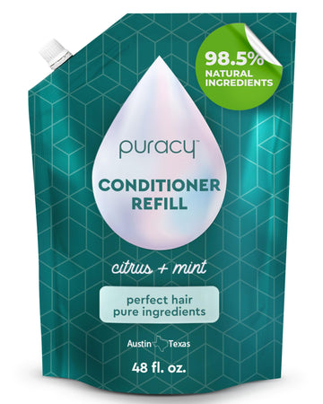 Puracy conditioner front label showing size and natural formula benefits
