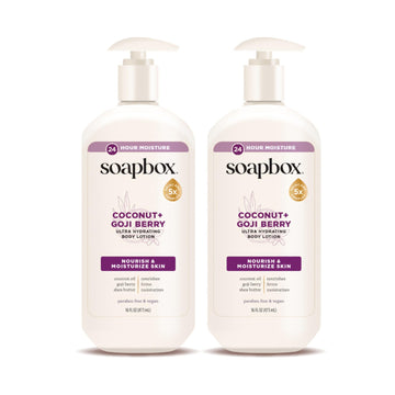 Soapbox bottle front packaging showing coconut and goji berry for lightweight hydration