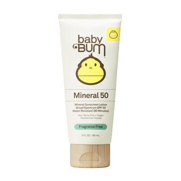 Sun Bum baby bottle front view showing SPF50 travel tube and clear labeling