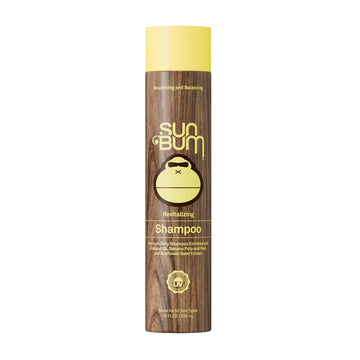 Sun Bum revitalizing shampoo front packaging showing bottle and label benefit