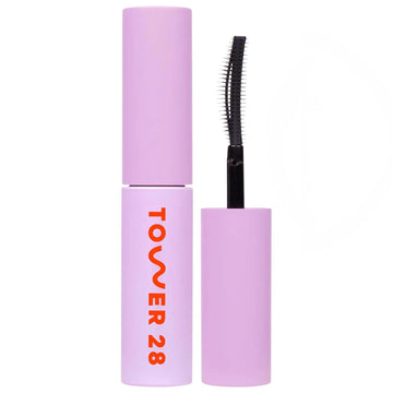 Tower 28 front packaging showcasing compact mascara and benefit of portability