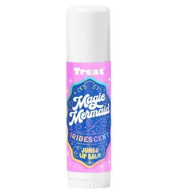 TREAT jumbo tinted lip balm front packaging showing mermaid iridescent finish and blue-raspberry flavor