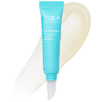 TULA lip mask tube front showing clear formula and compact size for travel