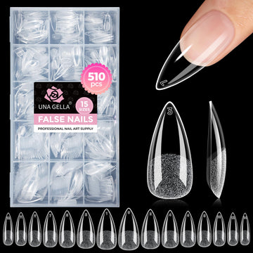 UNA GELLA front packaging showing full 510-piece stiletto kit benefits
