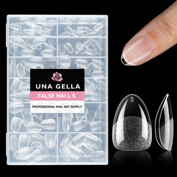 UNA GELLA front packaging showing 216-piece almond gel tips with organized box for easy storage