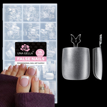 UNA GELLA front packaging showing complete 216-piece toe tip kit and sizes benefit quick selection