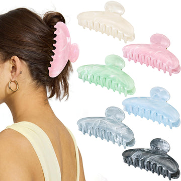 Unbednigt front packaging showing six assorted large claw clips with stylish appeal