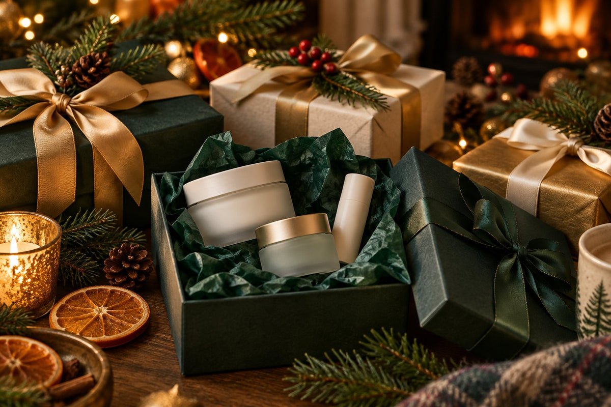 Wrapped Christmas gift boxes with gold ribbon, pine sprigs and an open box of unbranded skincare jars on a warm festive table