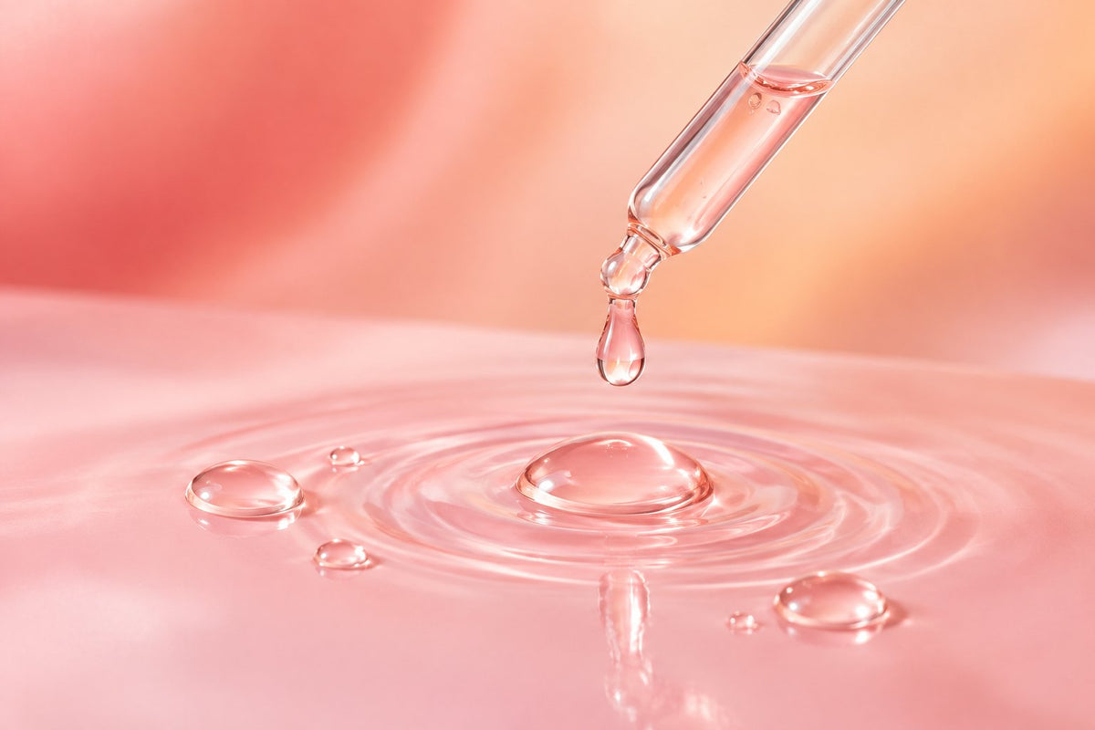 Translucent pink serum droplets and a glass dropper on a soft pink surface, representing PDRN skincare