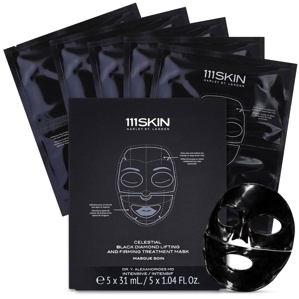 111SKIN front packaging showing five black-diamond masks, conveys premium treatment