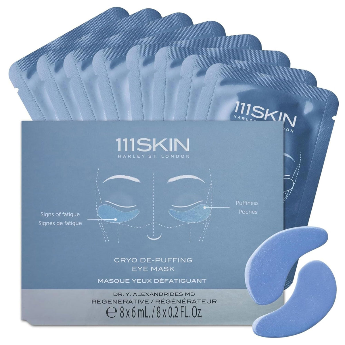 111SKIN front packaging showing blue cryo eye masks and branding for instant calm