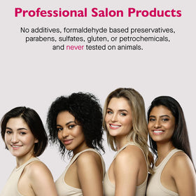 12 Benefits on bathroom vanity in lifestyle scene indicating everyday salon-quality results