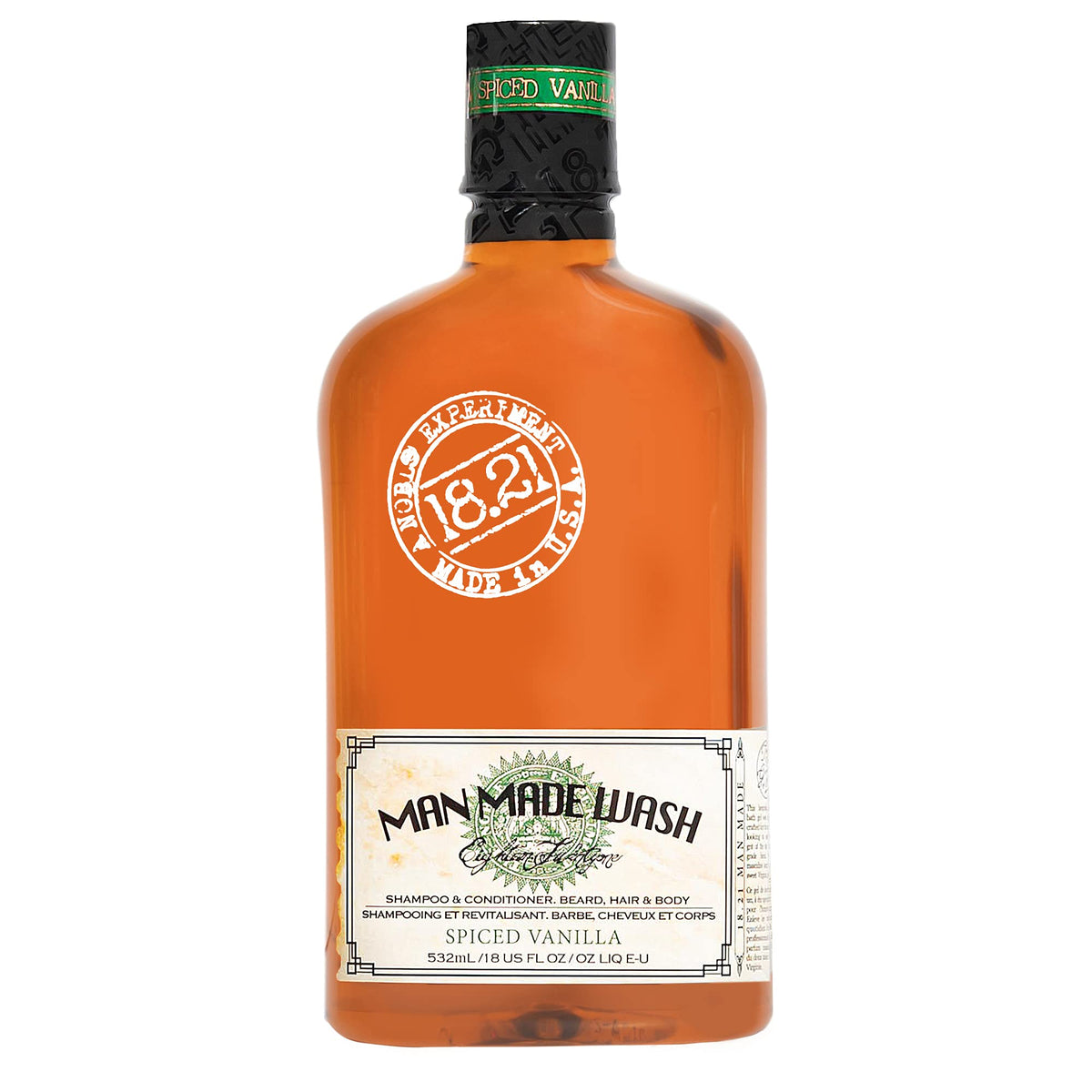 18.21 Man Made front label showing spiced vanilla scent and 18oz size for easy identification