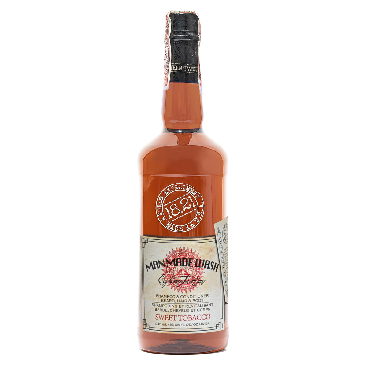 18.21 Man Made front bottle view showing sweet tobacco scent and convenient 32 oz size benefit