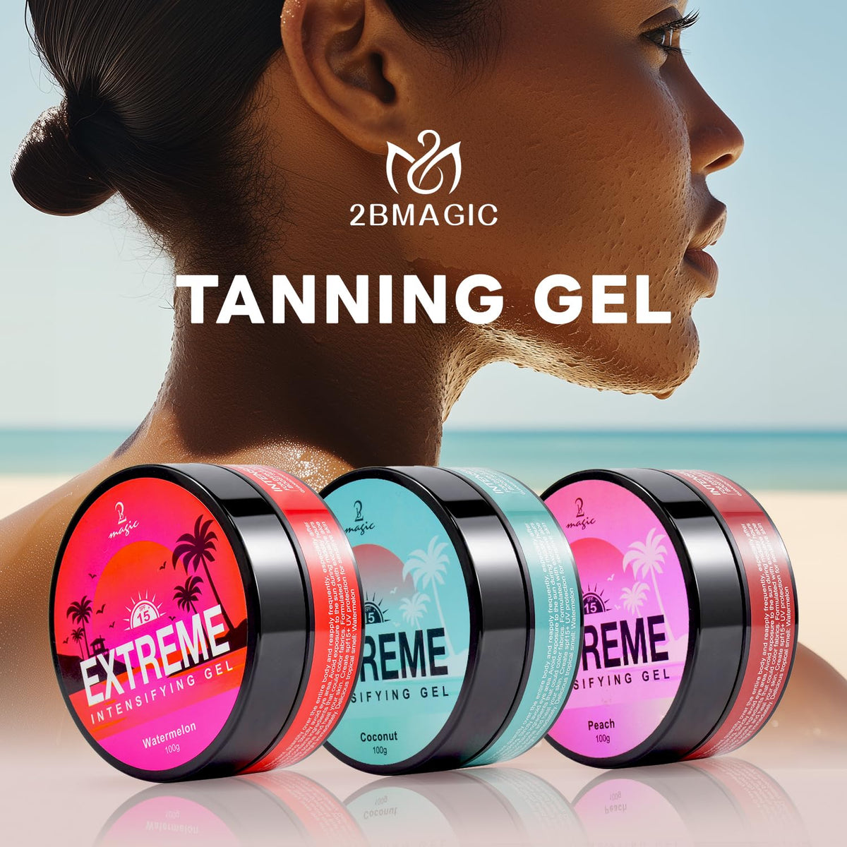 2Bmagic in a beach scene showcasing outdoor tanning with SPF protection
