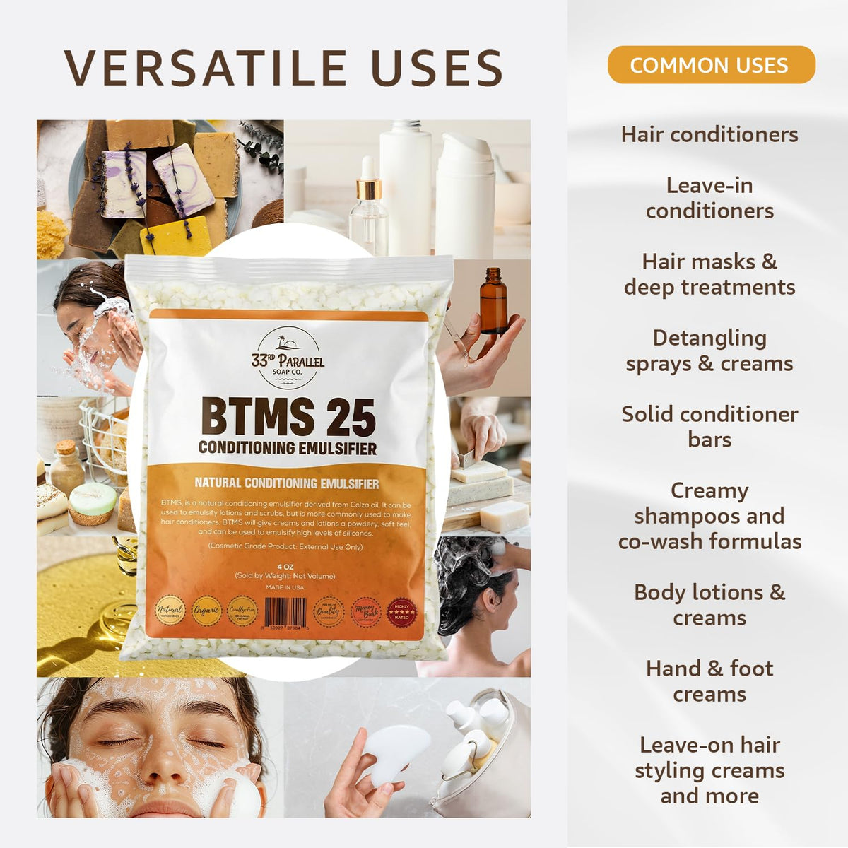 33RD PARALLEL close-up of BTMS‑25 flakes showing fine texture and easy melting benefit