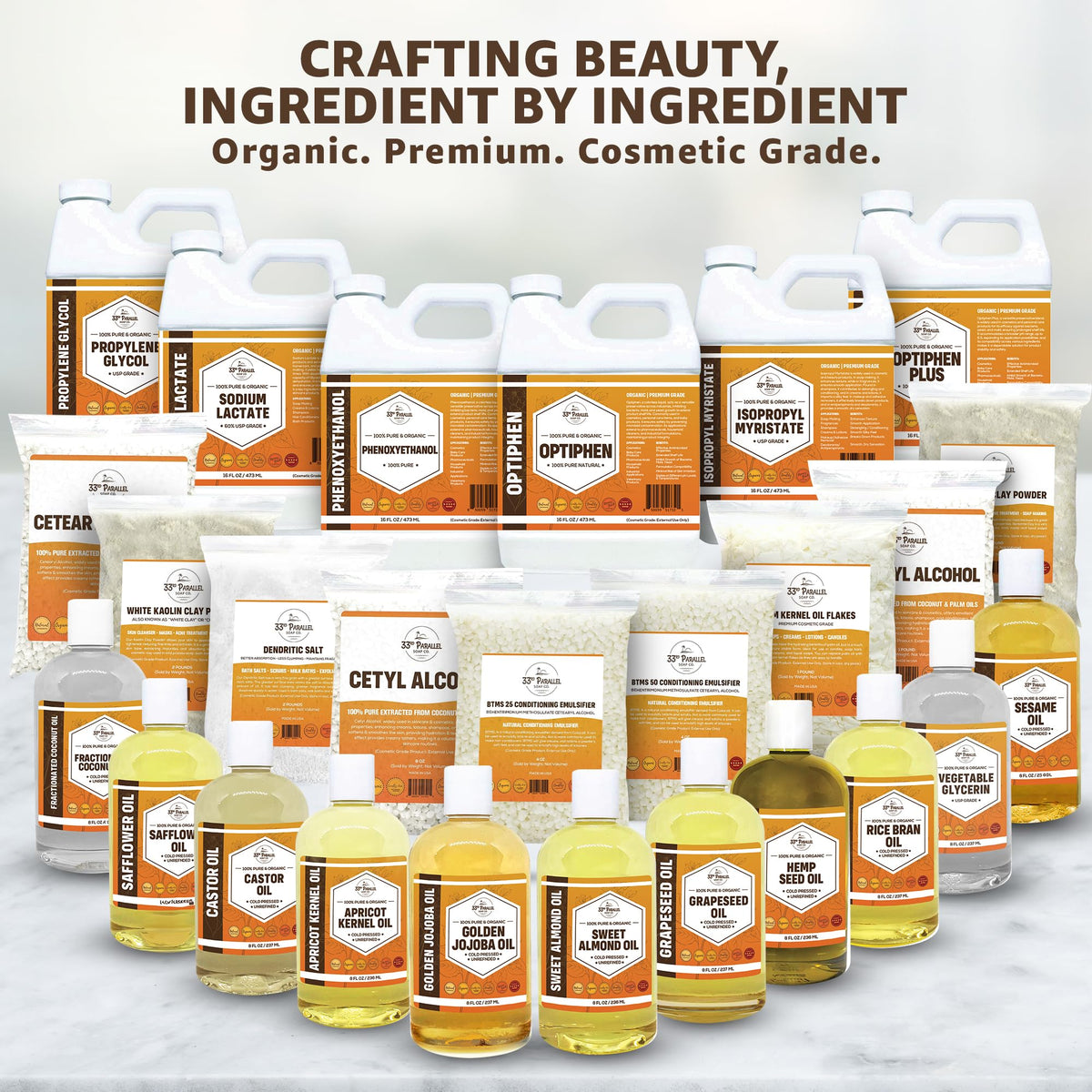 33RD PARALLEL SOAP CO. IPM bottle on formulators workbench conveying craft-ready packaging