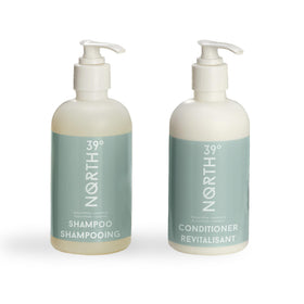 39° North front view of shampoo and conditioner bottles showing hotel-quality design and scent