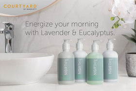39° North bottles staged in bathroom setting showing spa-like refreshment benefit