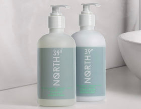 39° North bottles held in hand showing 8.5oz travel-friendly size and convenience