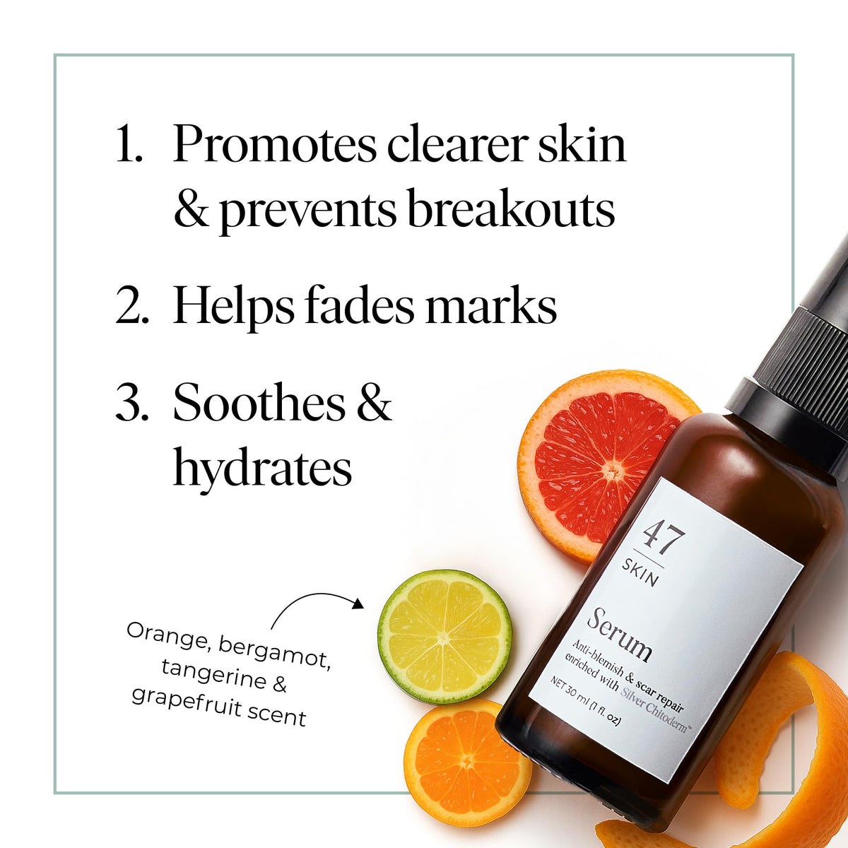 47 Skin clear ingredient label highlighting Silver Chitoderm and composition benefit