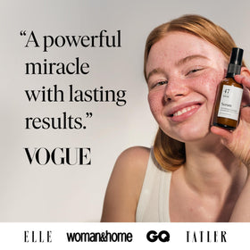 47 Skin bottle staged in bathroom routine conveying easy layering and daily use