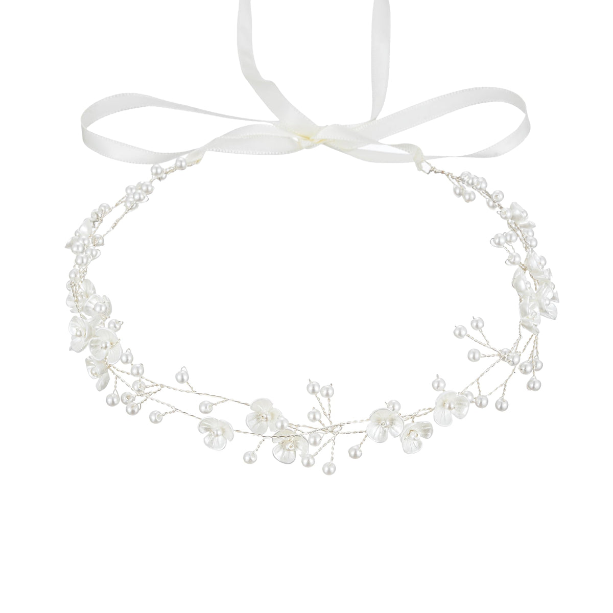 527&huan front view of white flower pearl headband, elegant bridal finish