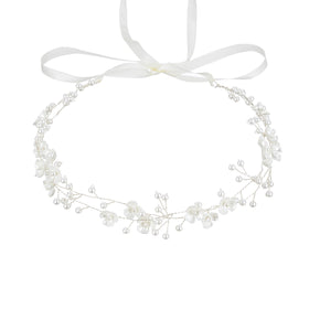 527&huan front view of white flower pearl headband, elegant bridal finish