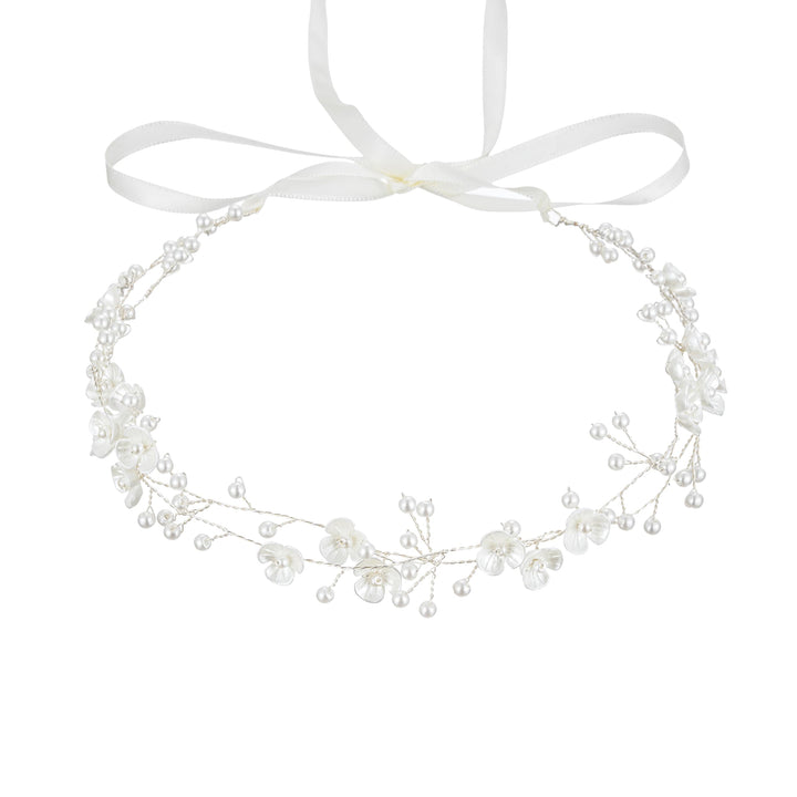 527&huan front view of white flower pearl headband, elegant bridal finish