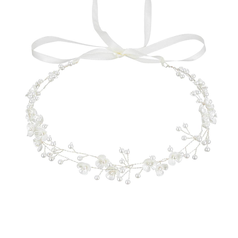527&huan front view of white flower pearl headband, elegant bridal finish