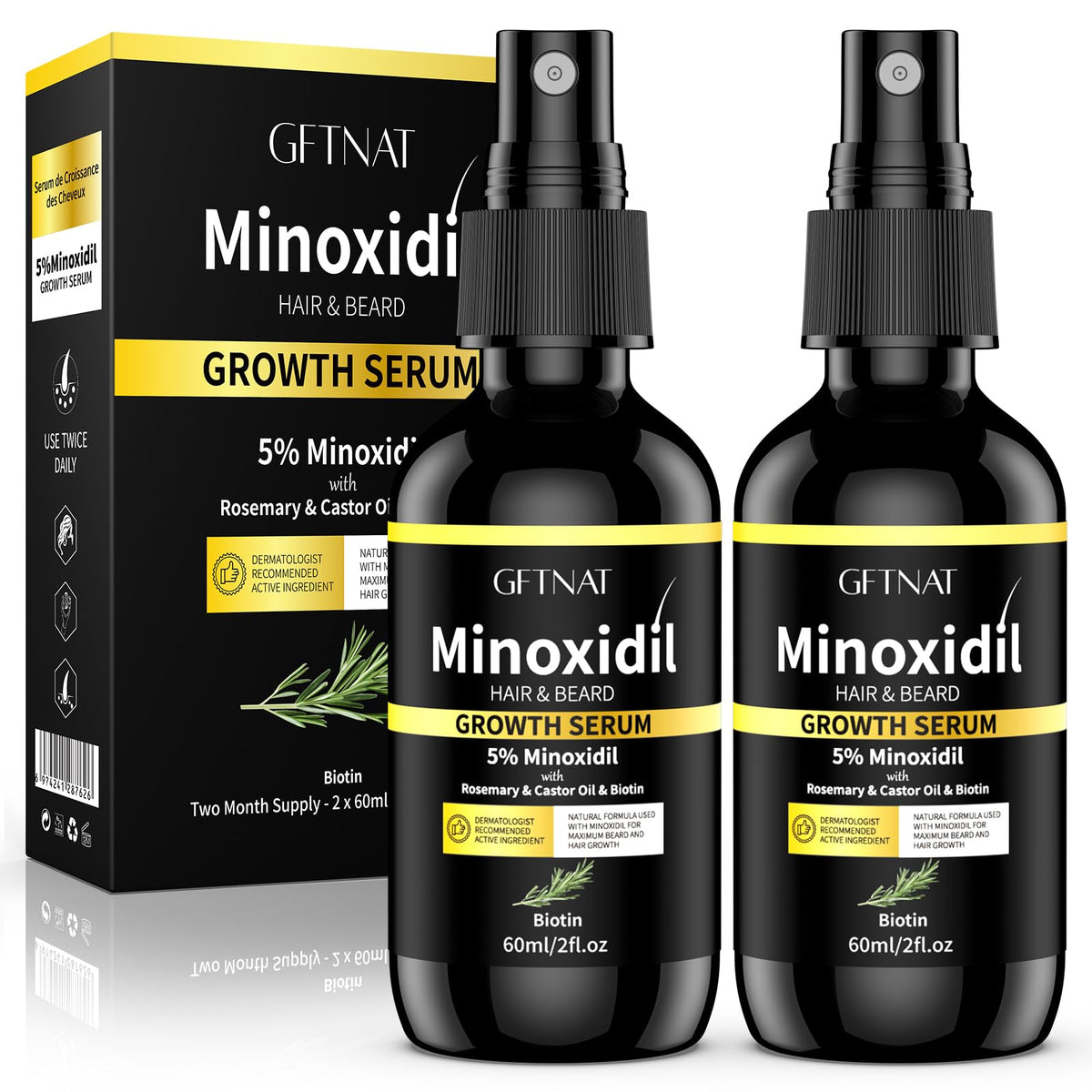 5% Minoxidil front packaging showing product and size, clear benefit for dosing