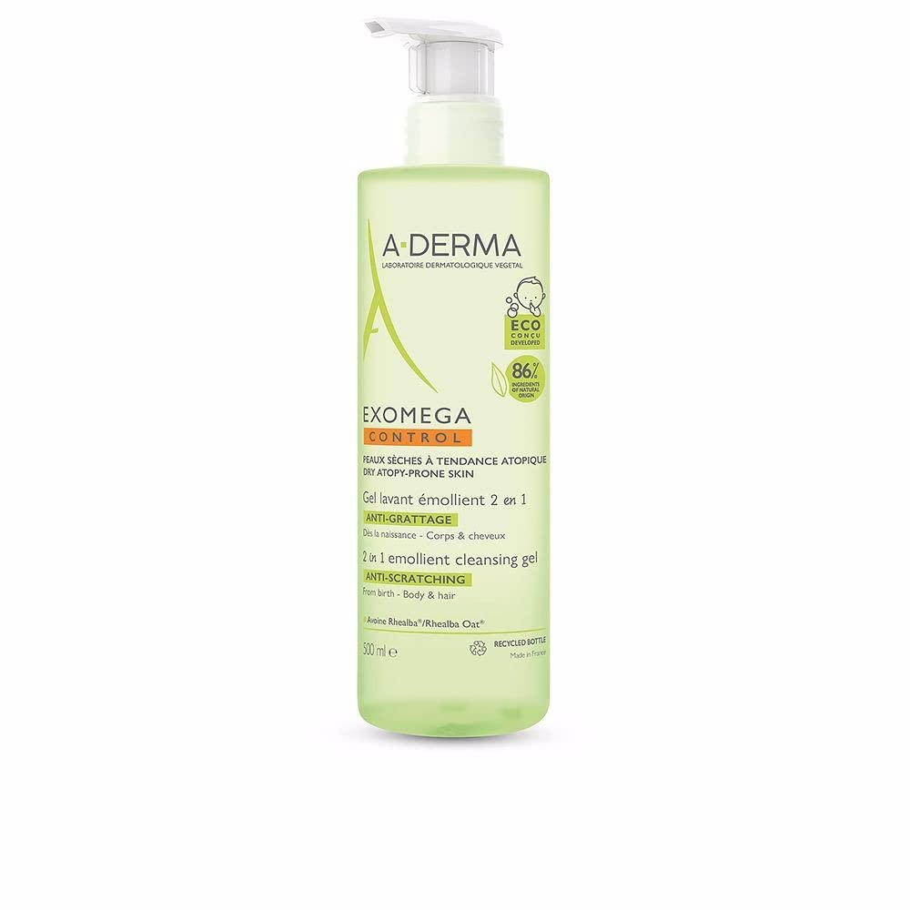 A-Derma front bottle showing label and size, highlights gentle cleansing benefit