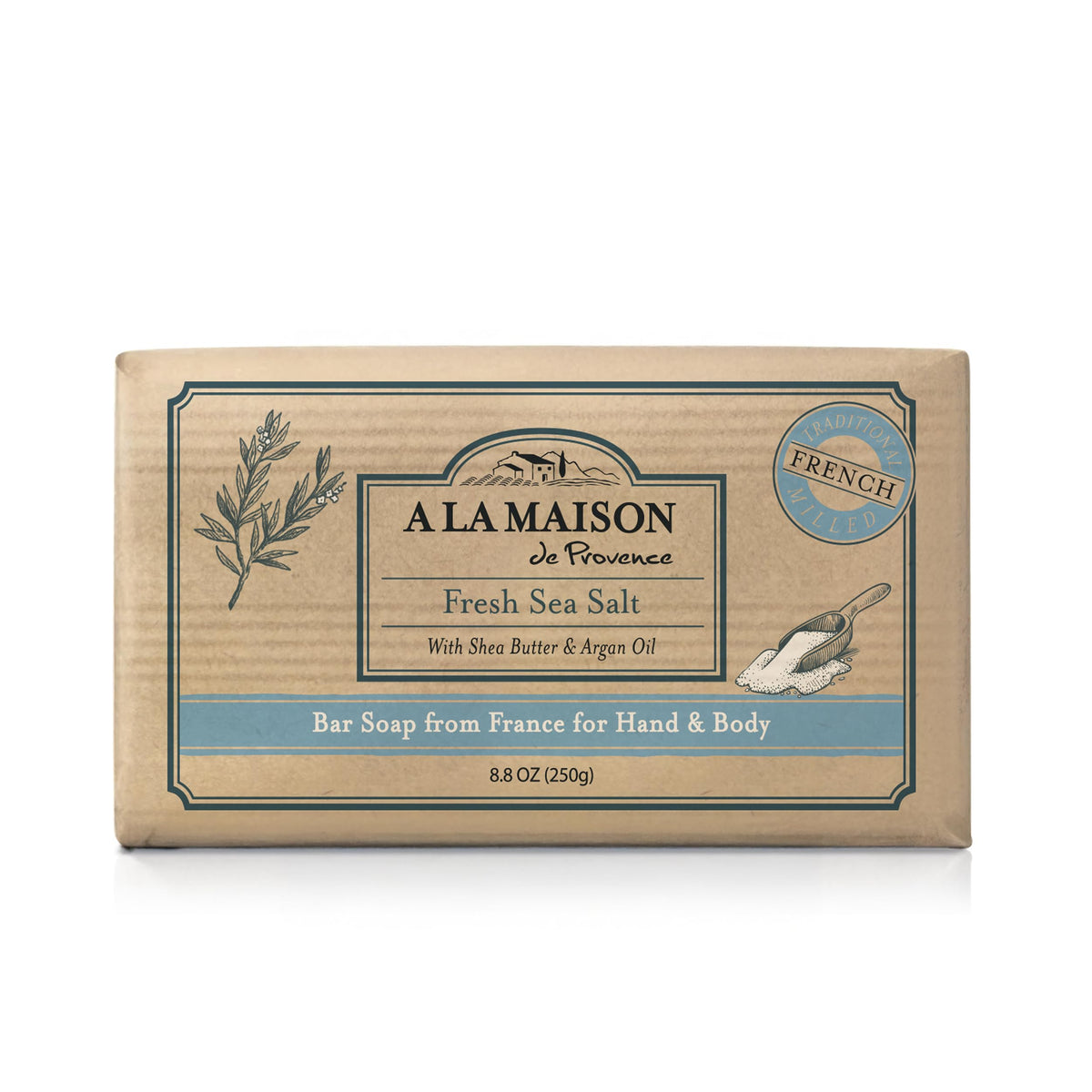 A LA MAISON front packaging shows sea salt soap, highlighting premium quality