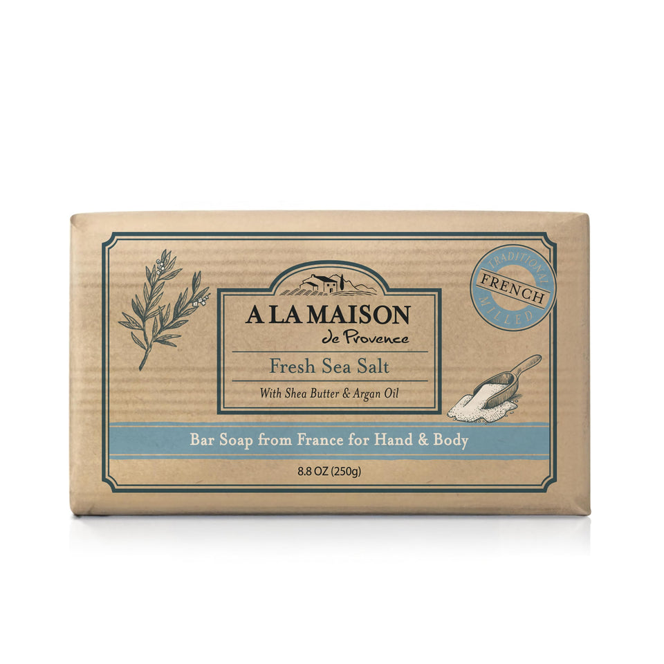 A LA MAISON front packaging shows sea salt soap, highlighting premium quality