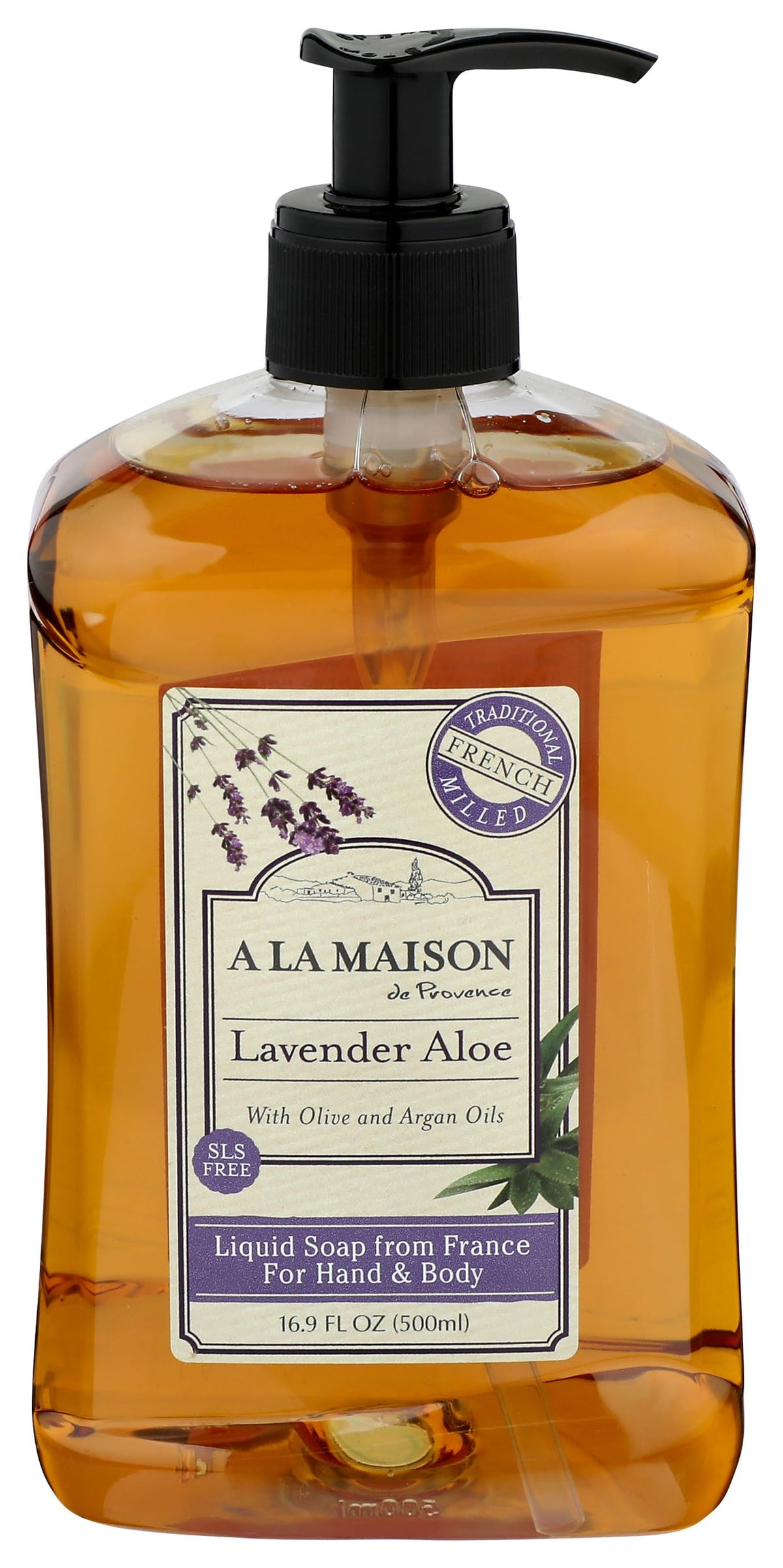 A LA MAISON front bottle showing lavender aloe scent and gentle cleansing benefit