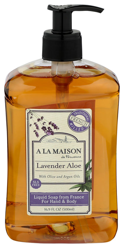A LA MAISON front bottle showing lavender aloe scent and gentle cleansing benefit