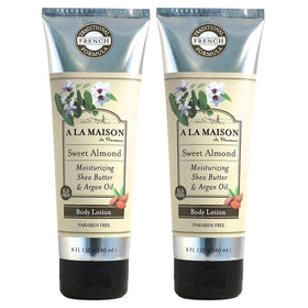 A LA MAISON front bottle showing sweet almond label and quick hydration benefit