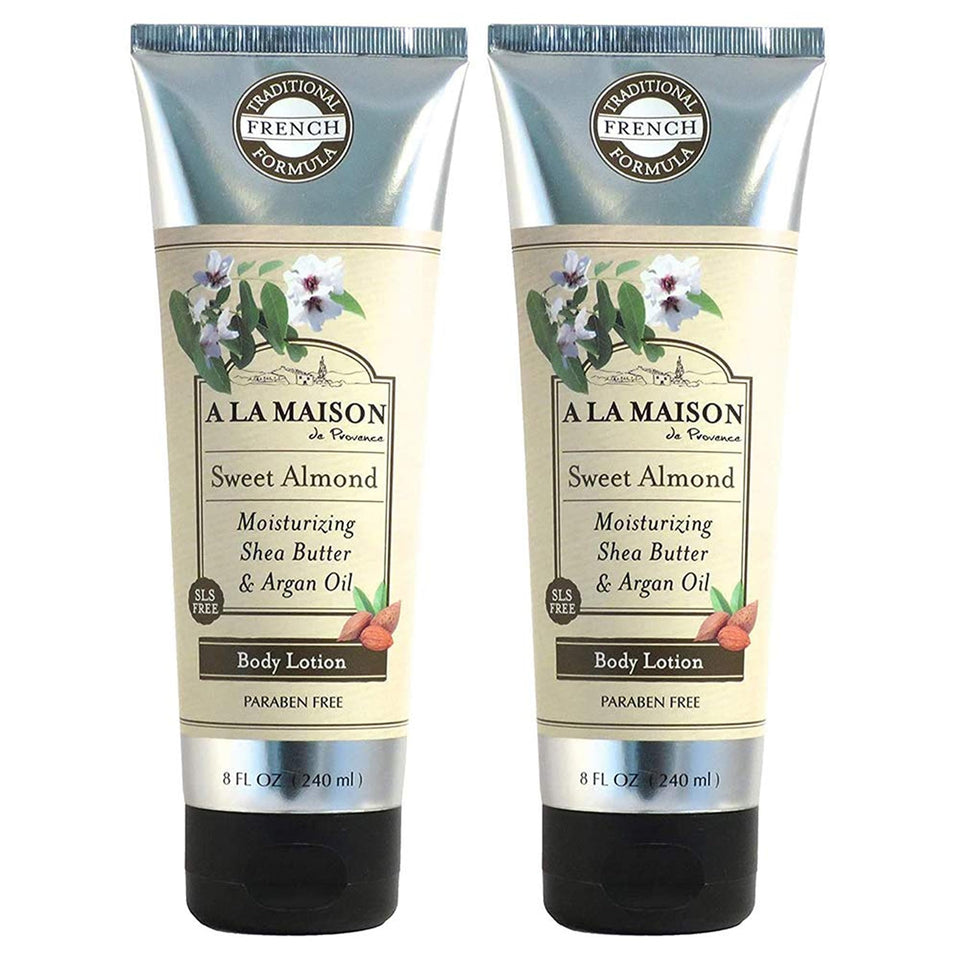 A LA MAISON front bottle showing sweet almond label and quick hydration benefit
