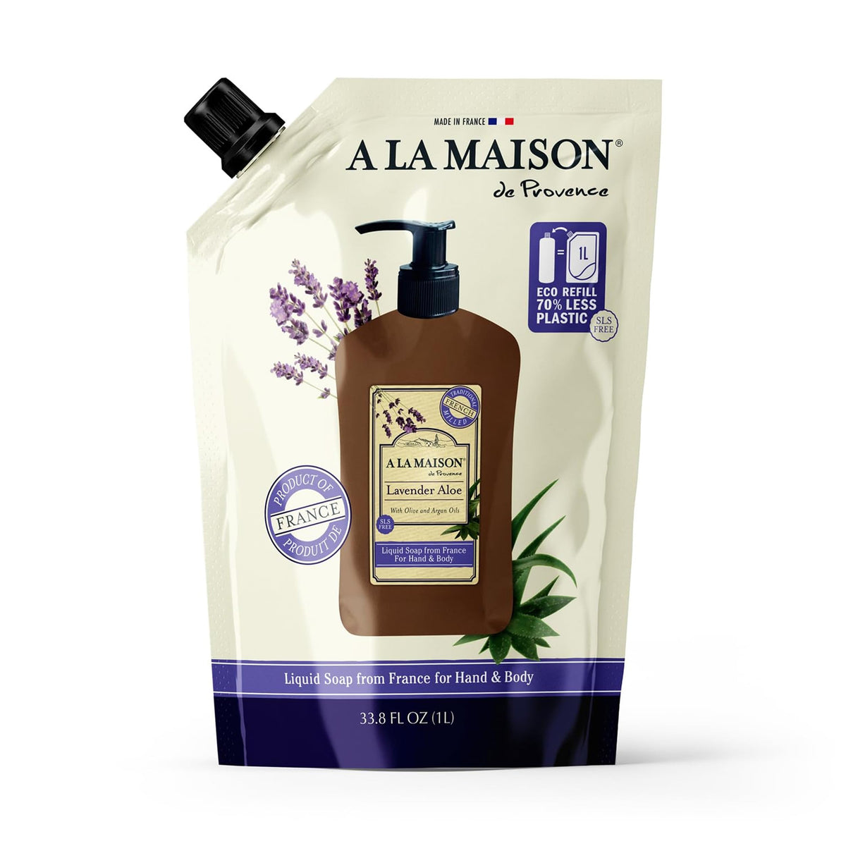 A LA MAISON front pouch showing lavender aloe label and refill benefit