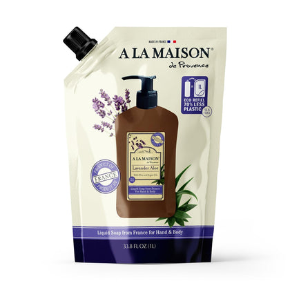 A LA MAISON front pouch showing lavender aloe label and refill benefit