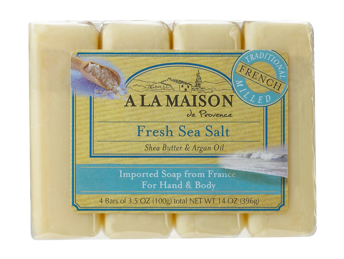 A LA MAISON front packaging showing four fresh sea salt bars and benefits