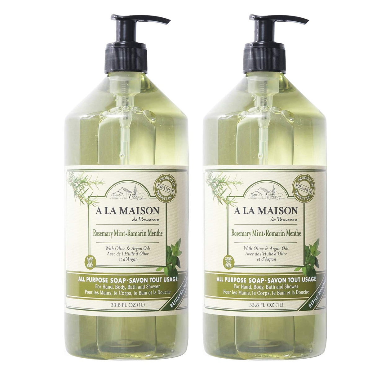 A LA MAISON front packaging showing rosemary mint and large bottle convenience
