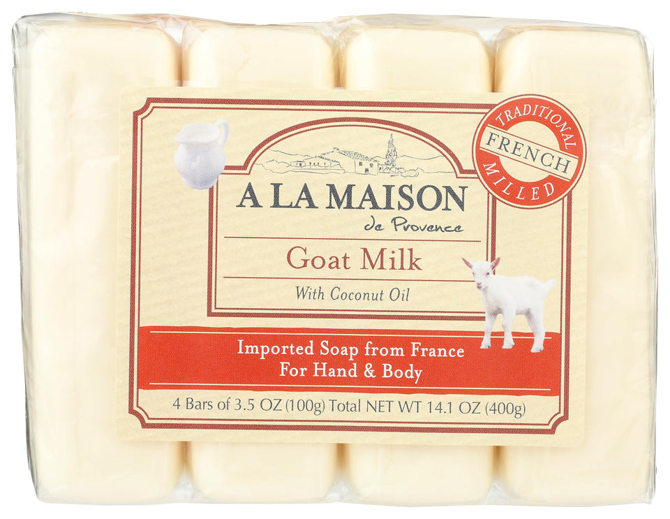 A LA MAISON front packaging of four unscented goat milk soap bars showing value pack