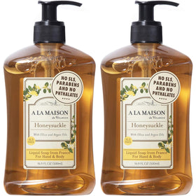 A LA MAISON front label showing honeysuckle scent and French craftsmanship benefits